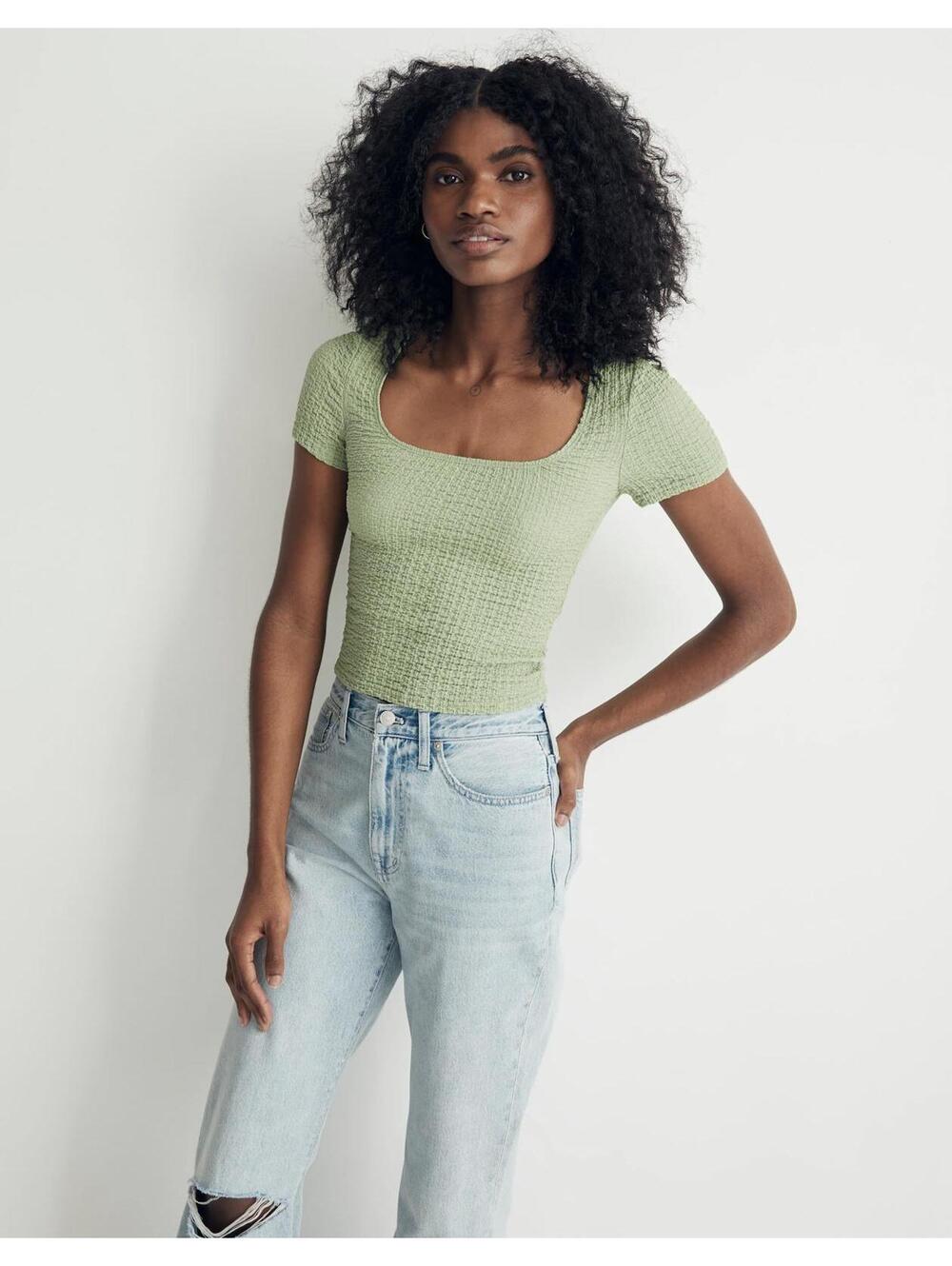 Madewell Popcorn Top Textured 90s Stretchy Spring Green Crop Cap Sleeves Size XL